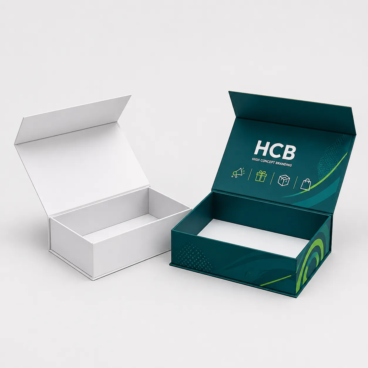 Premium magnetic closure gift boxes in white and teal branded colours. class=